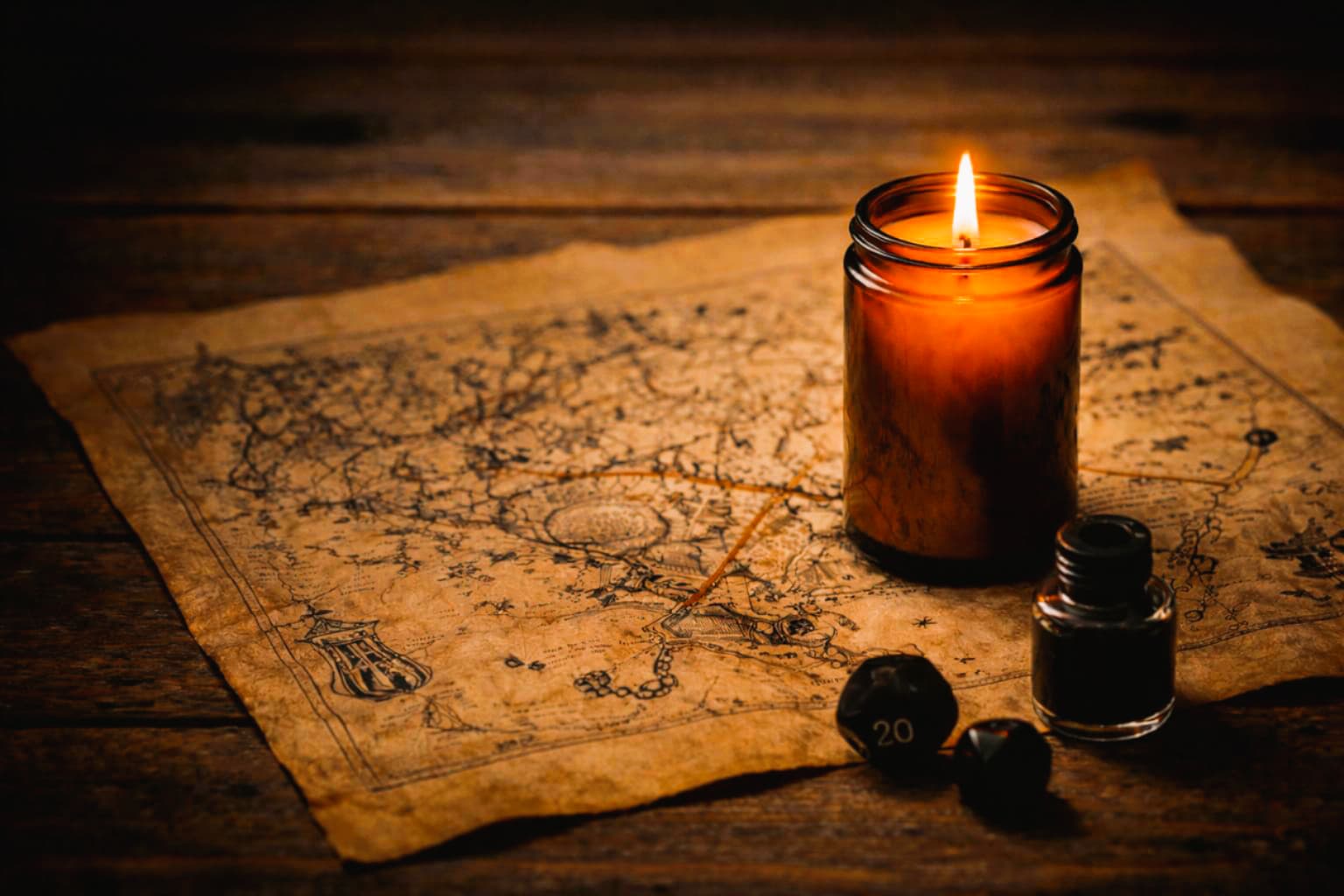 Candle on an old map with a magnifying glass, dice, and an inkwell on a wooden table
