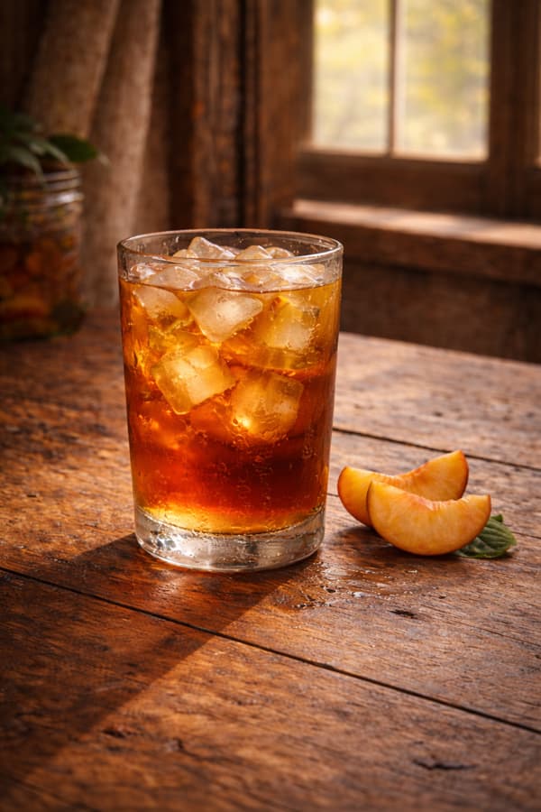Glass of iced tea with peaches on a wooden table