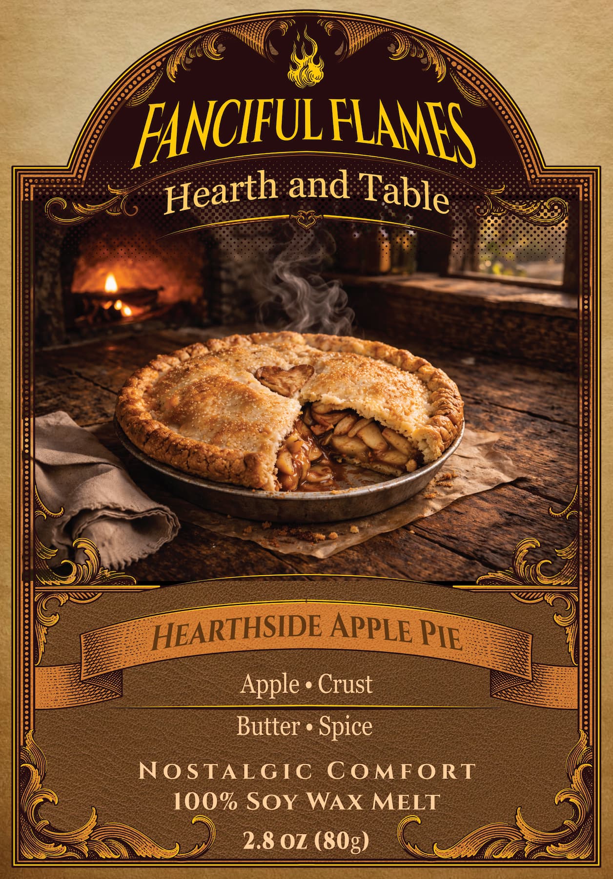 Hearthside Apple Pie scented wax melt packaging 100% soy net weight 2.8 oz (80g)