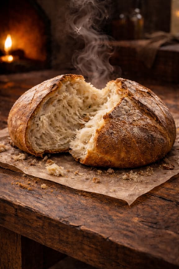 Loaf of bread torn in half with steam rising, on a wooden surface.