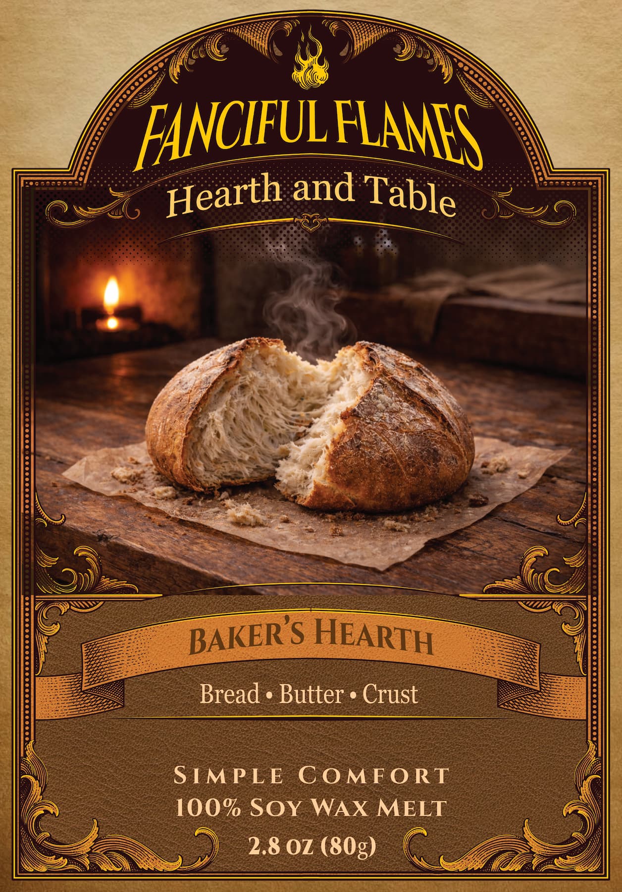 Baker's Hearth (Artisan Bread) scented wax melt packaging 100% soy net weight 2.8 oz (80g)