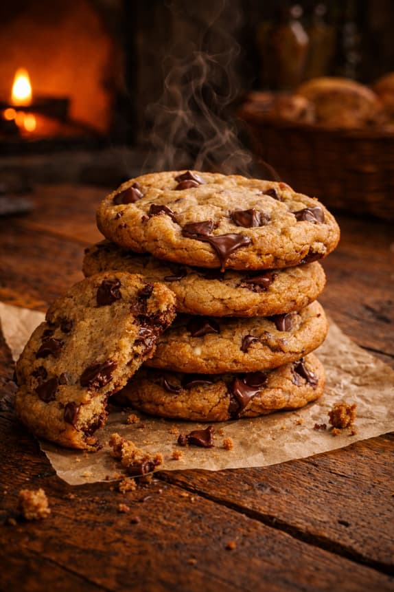 Stack of chocolate chip cookies on a wooden surface with a warm, cozy background.