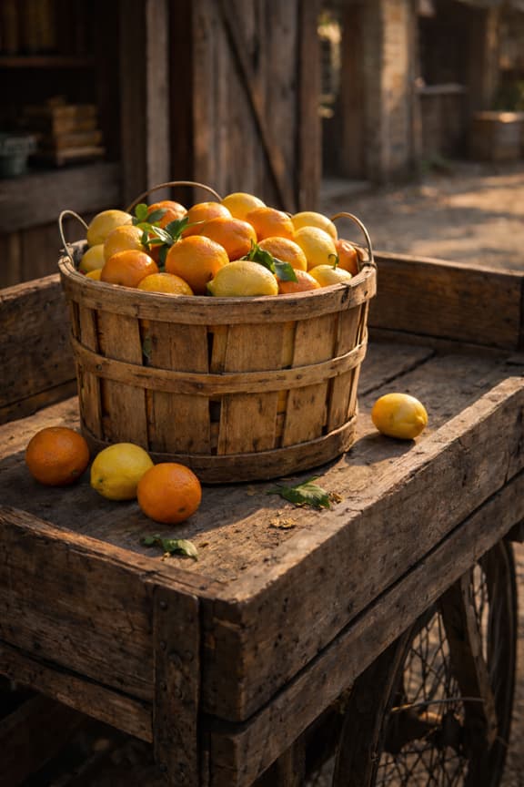 Basket of lemons and oranges on a wooden cart in a rustic setting