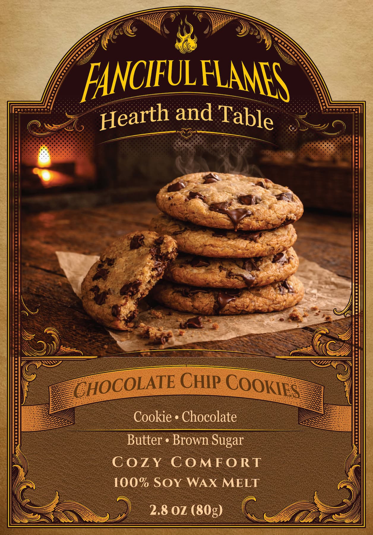 Chocolate Chip Cookie scented wax melt packaging, 100% soy, net weight 2.8 oz (80g)