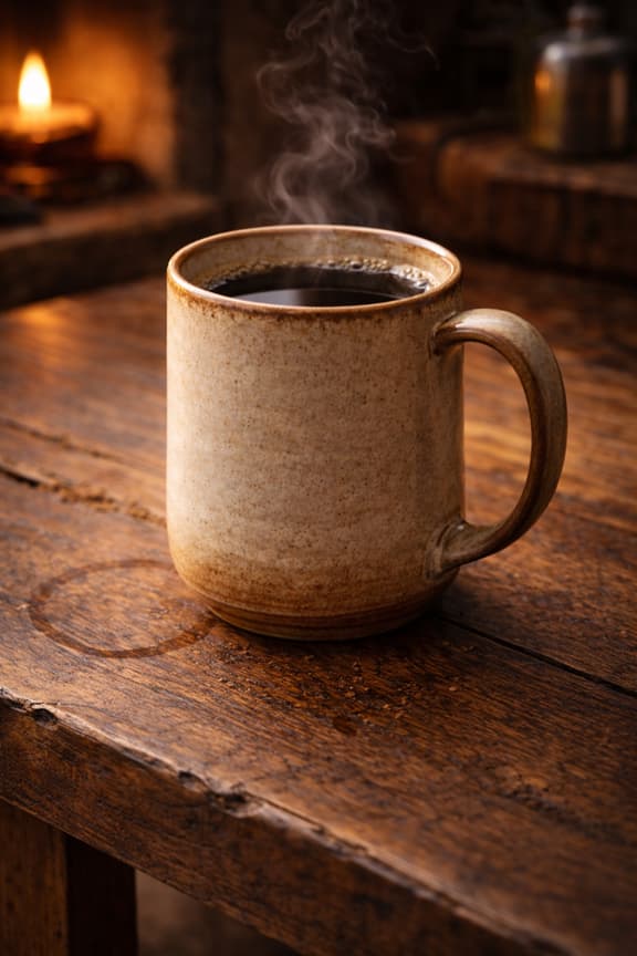 Steaming mug of coffee on a wooden surface with a warm, cozy atmosphere.