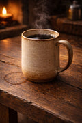 Steaming mug of coffee on a wooden surface with a warm, cozy atmosphere.