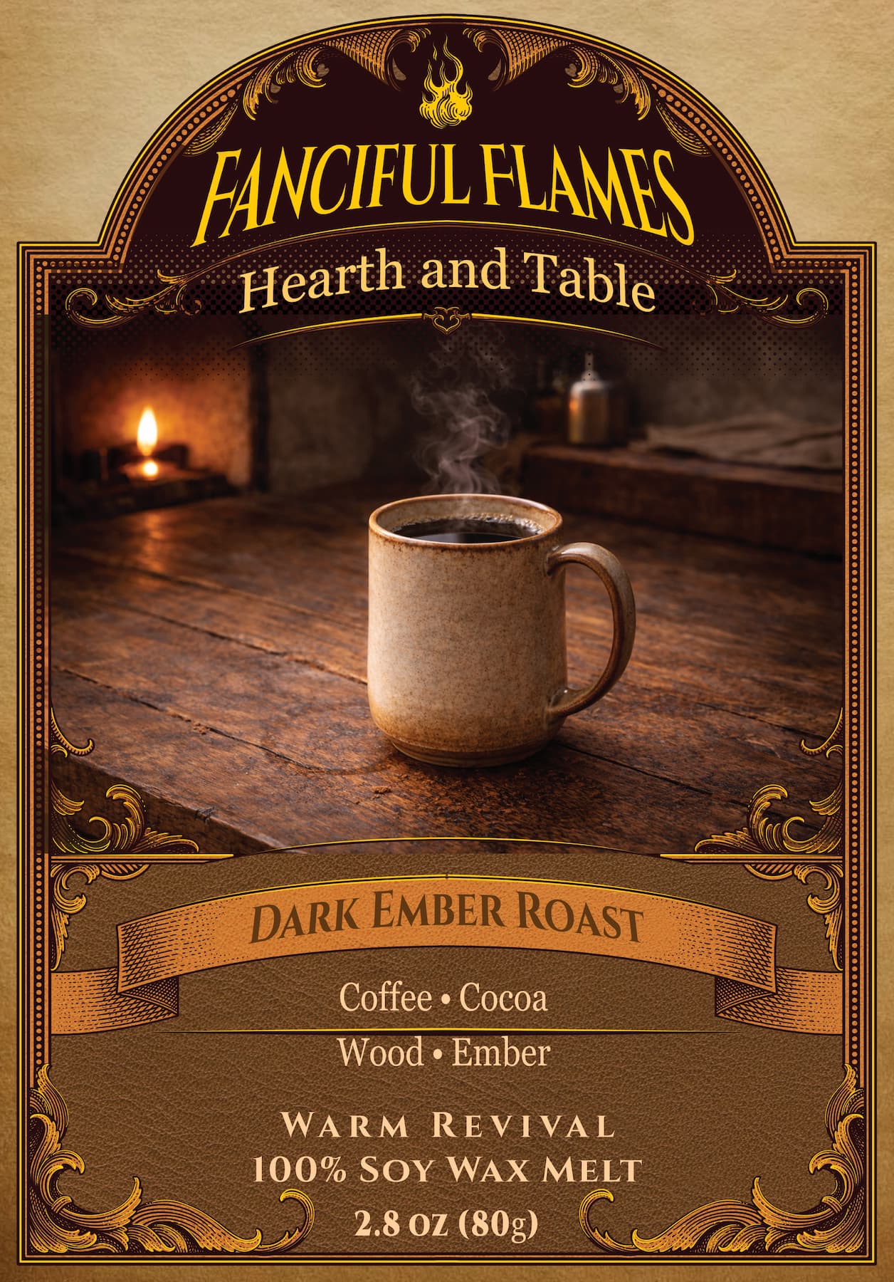 Dark Ember Roast scented wax melt packaging 100% soy net weight 2.8 oz (80g)