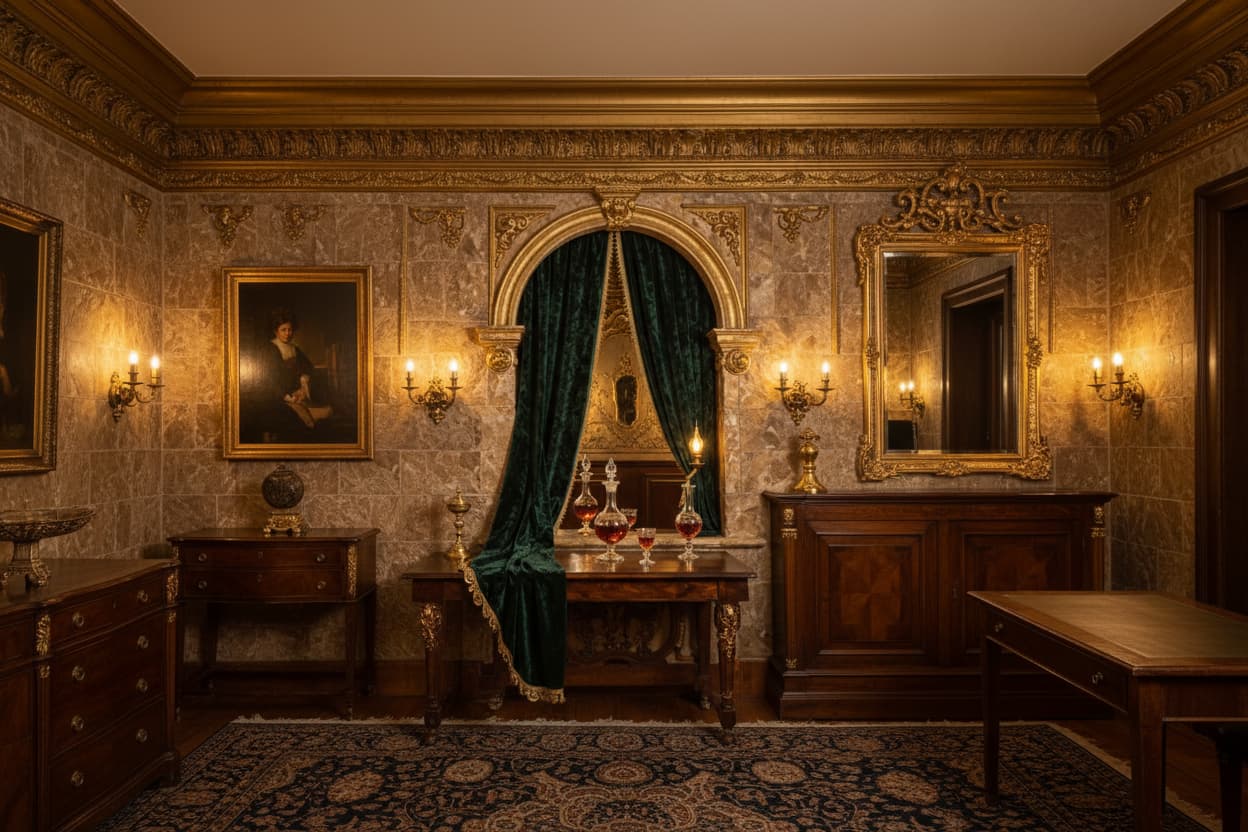 Ornate, richly appointed gathering area with green velvet, golden mirrors, rich woods, and decanters.