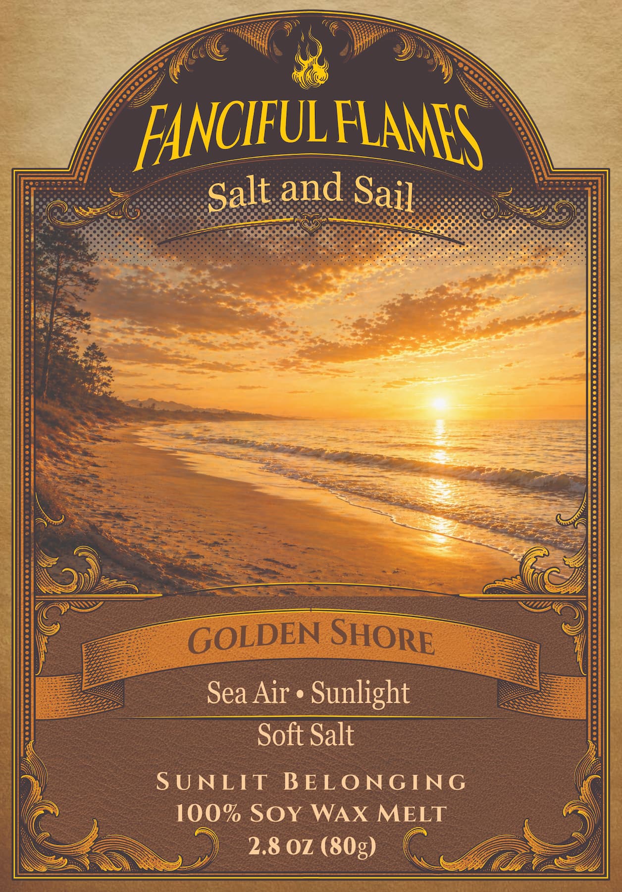 Golden Shore scented wax melt packaging 100% soy net weight 2.8 oz (80g)