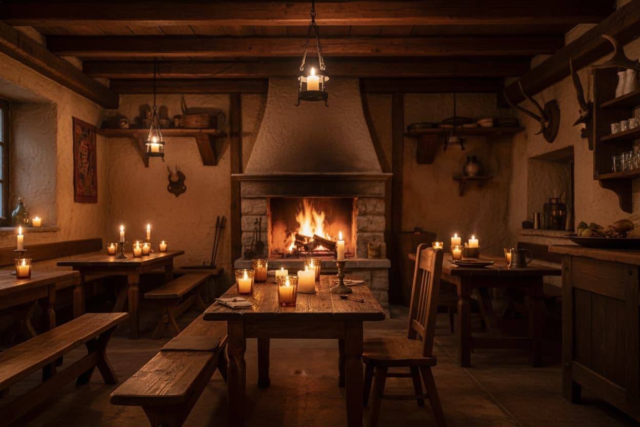Dining room in a rustic inn with wooden tables, benches, and a fireplace, lit by candles.