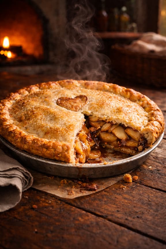 Freshly baked apple pie with steam rising on a wooden table with a fireplace in the background.