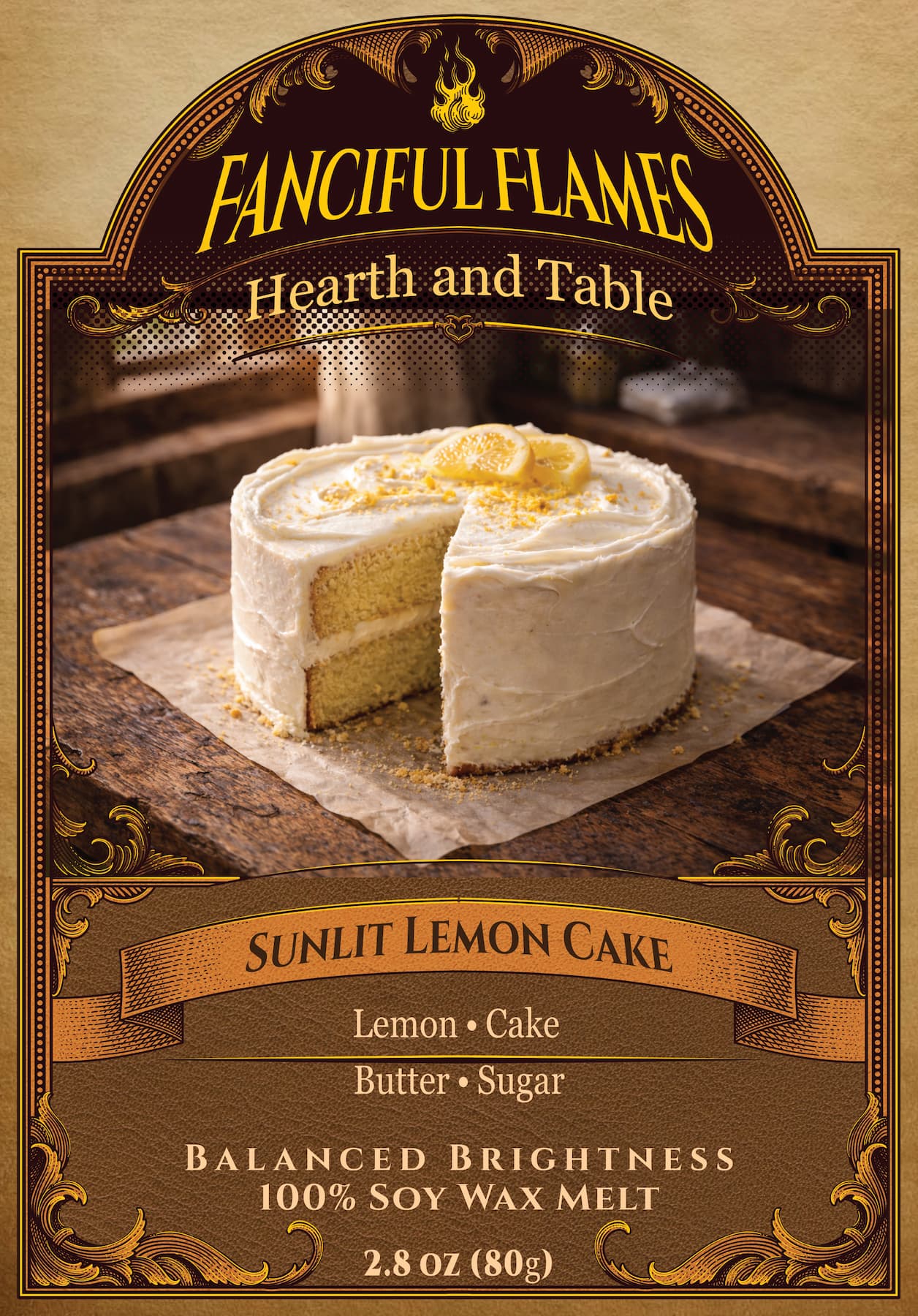 Sunlit Lemon Cake scented wax melt packaging 100% soy net weight 2.8 oz (80g)