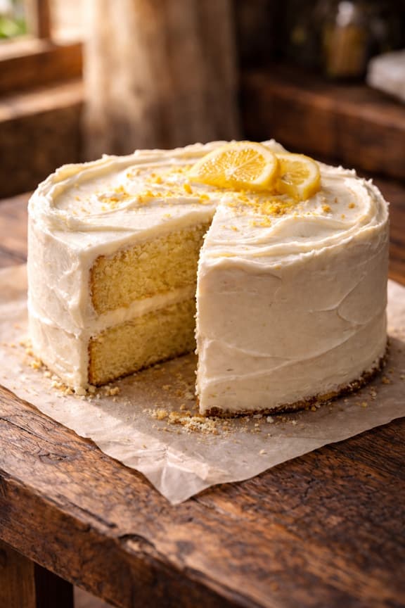 Lemon cake with white frosting on a wooden table