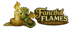 Logo depicting a dragon, lighting a candle with his breath, some coins, dice, and the words 'Fanciful Flames Enchanted Candles'