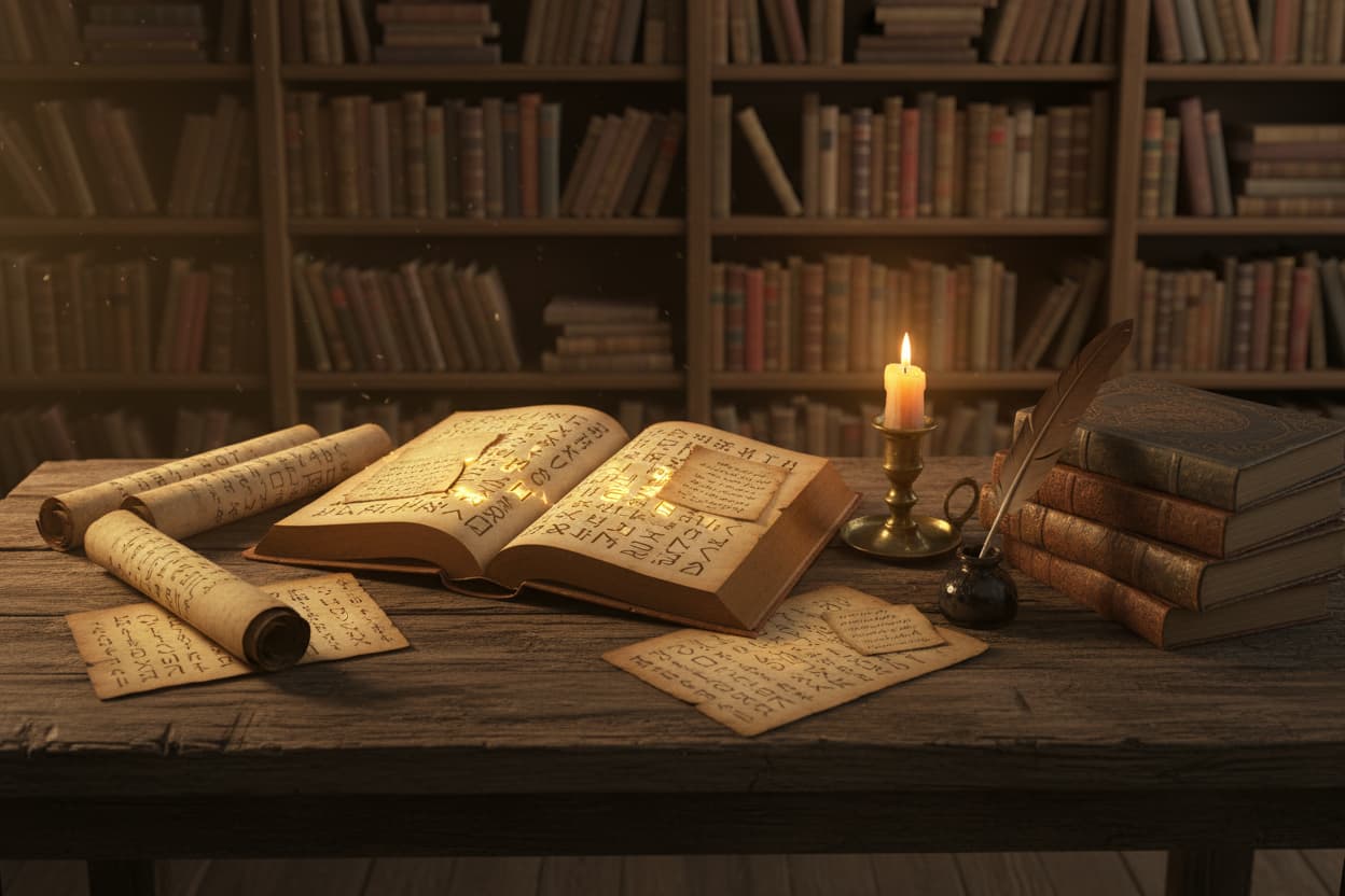 Wooden table with books, scrolls, a candle, and quill in a library setting
