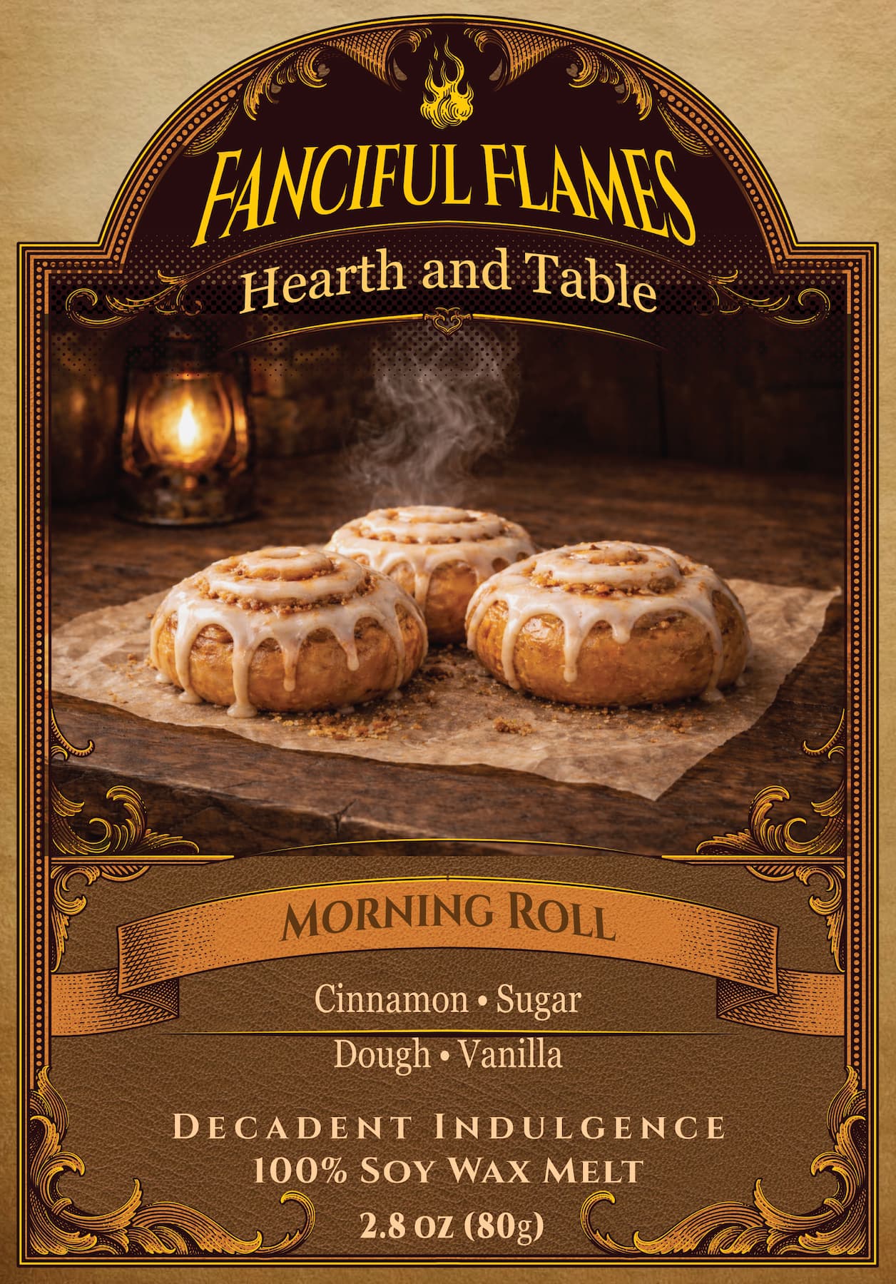 Morning Roll scented wax melt packaging 100% soy net weight 2.8 oz (80g)