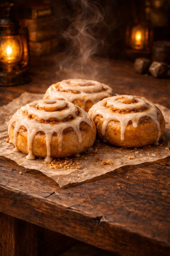 Three cinnamon rolls with icing on a wooden surface with a warm, rustic background.