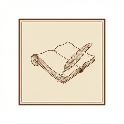 Illustration of an open book with a quill pen in a square frame on a transparent background