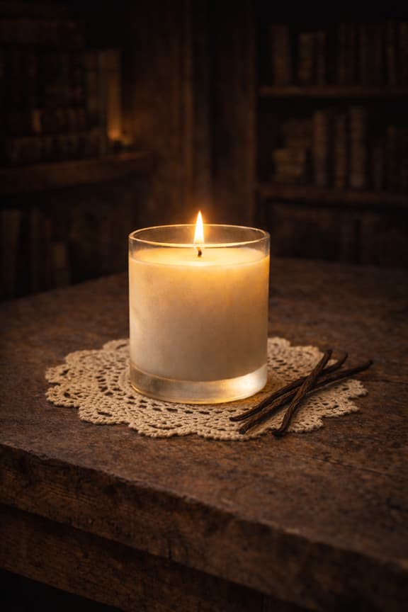 White candle on a doily with vanilla beans next to it sitting on a wooden table in a room by books