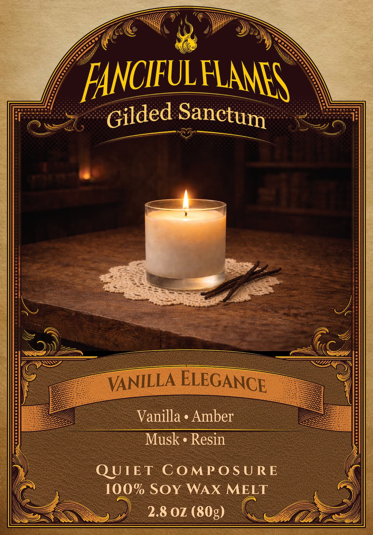 Vanilla Elegance scented wax melt packaging 100% soy net weight 2.8 oz (80g)