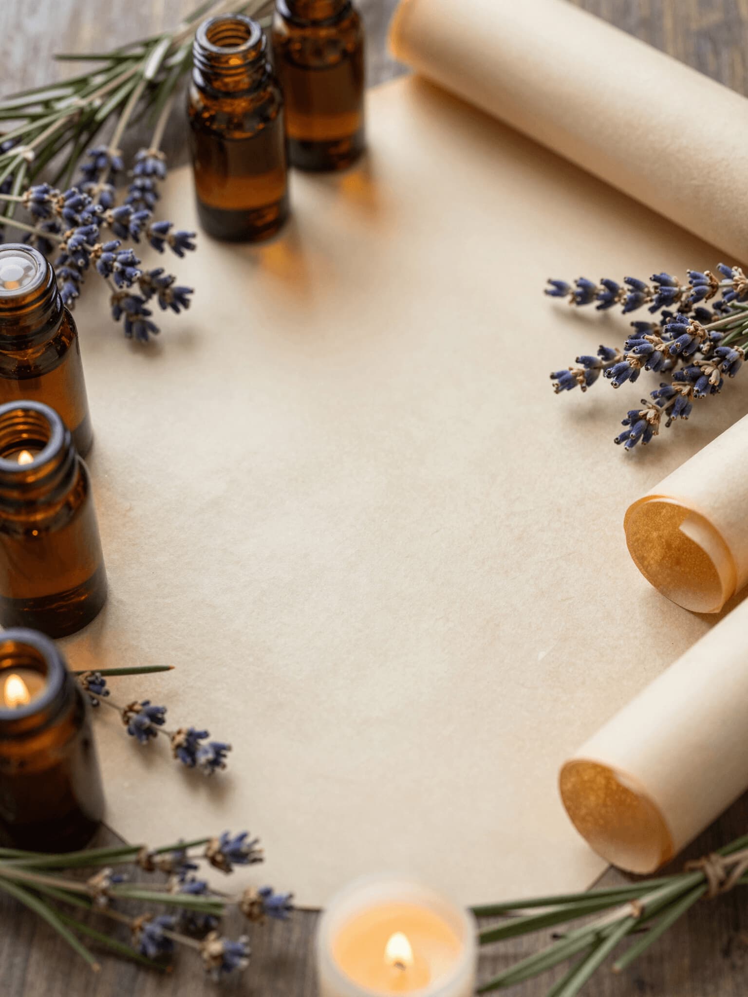 Essential oil bottles, lavender flowers, candles, and scrolls on a wooden surface